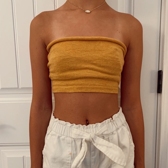 yellow strapless shirt